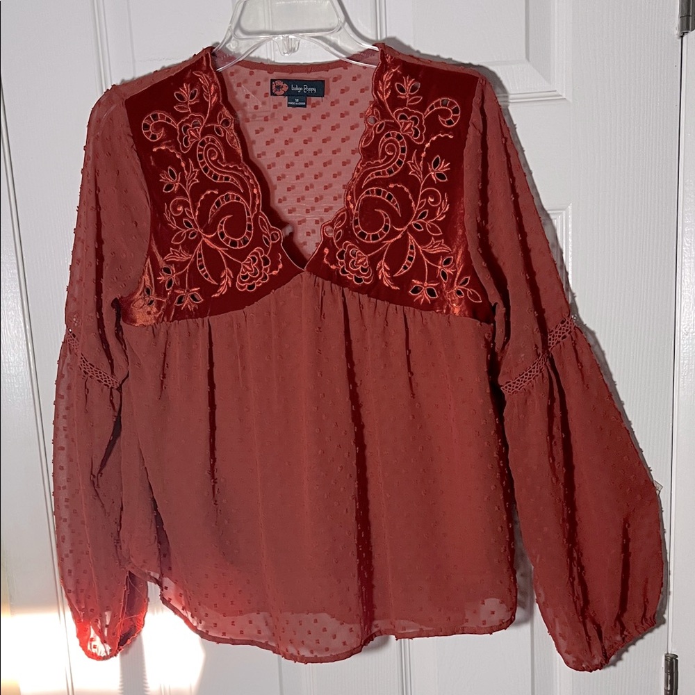Indigo Poppy boho peasant pullover top swiss dots velvet embroidered floral M